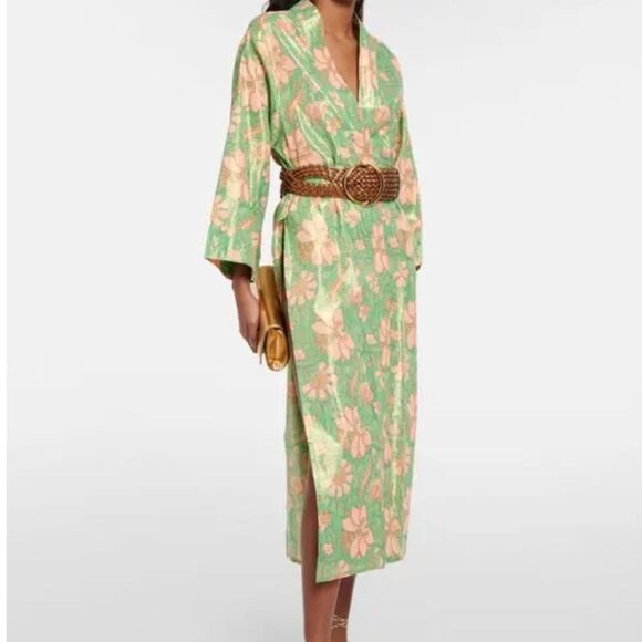 Juliet Dunn Floral Cotton-Blend Lamé Beach Cover-Up in Kelly Green/Coral NWT 4/6 - Picture 1 of 6